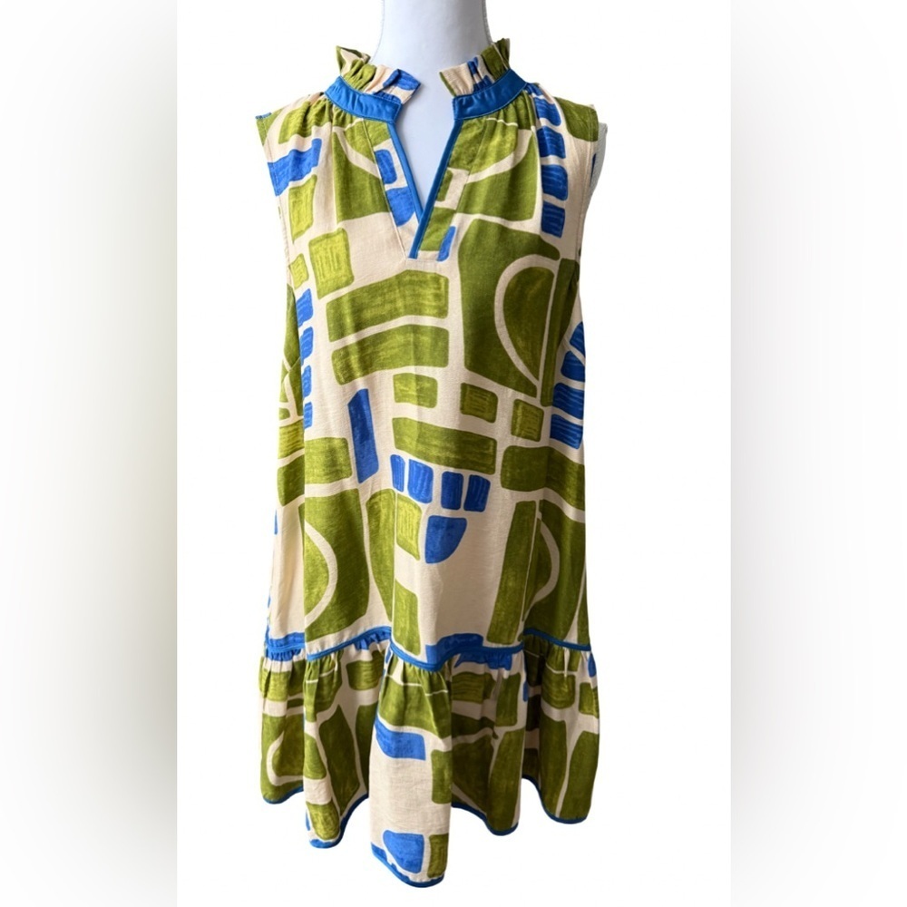 UMGEE BOHO GEOMETRIC PRINT SLEEVELESS
TIERED MINI DRESS GREEN BLUE SIZE M - Picture 3 of 12